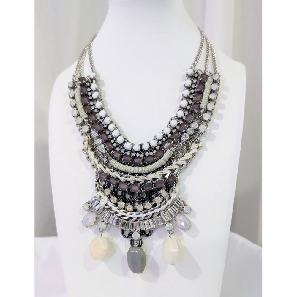 EXPRESS Chunky Statement Bib Chain Link Rhinestones Silver Tone Necklace LT45